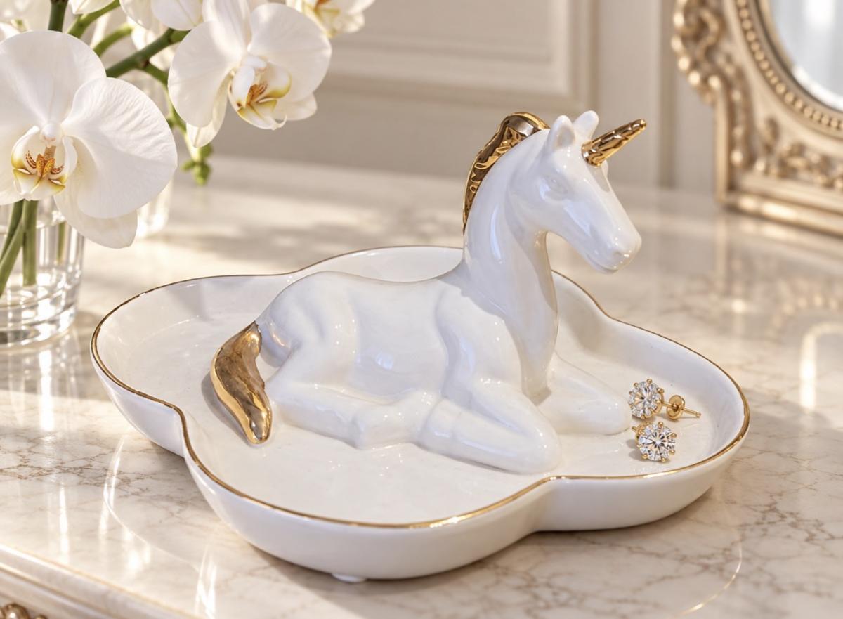 White & Gold Unicorn Jewellery Tray