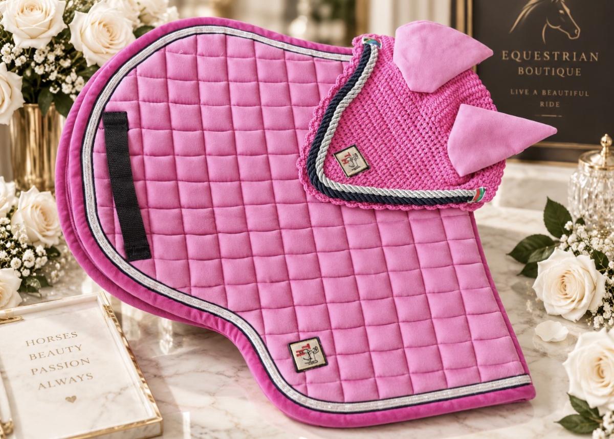 Pink Numnah & Matching Ear Veil Set — Size Medium