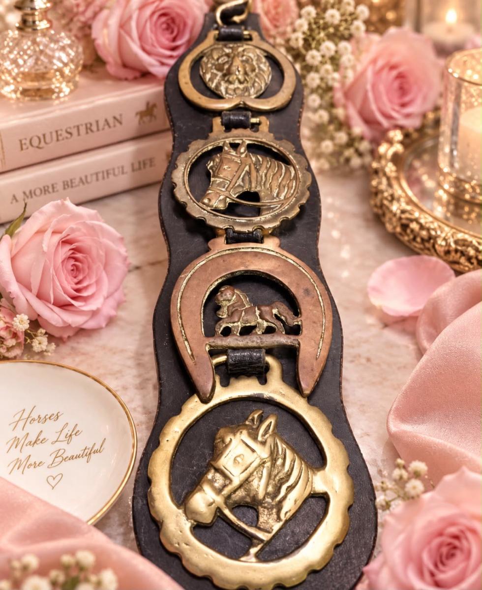 Vintage Brass Horses On Leather Strap