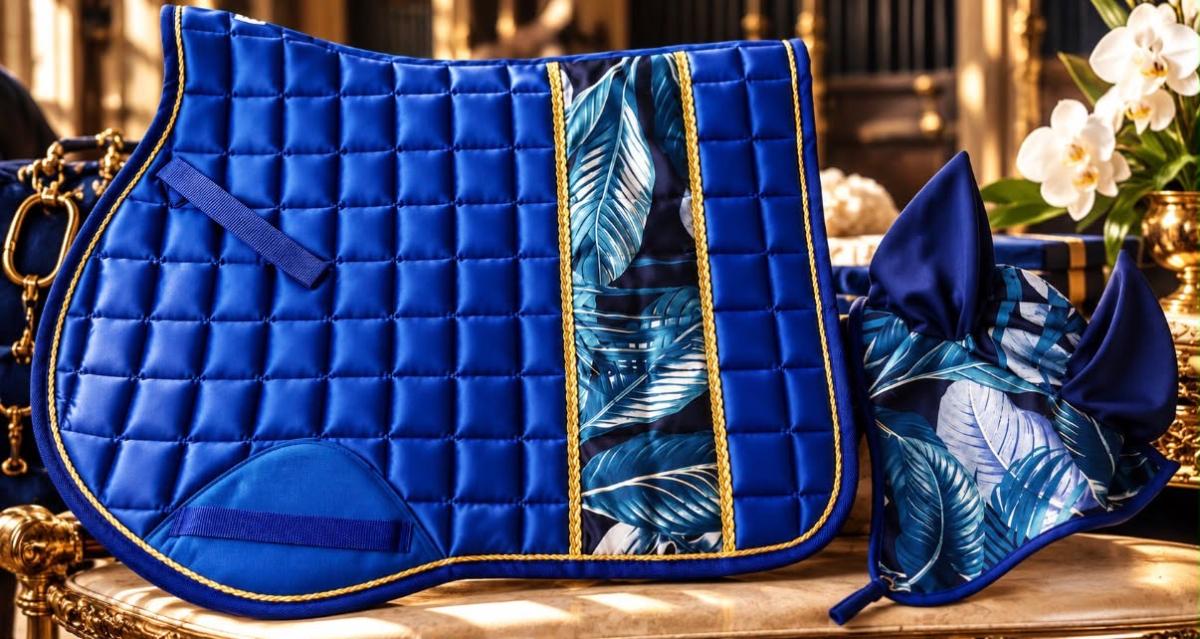 New Luxury Blue Botanical Saddlepad & Matching Ear Veil