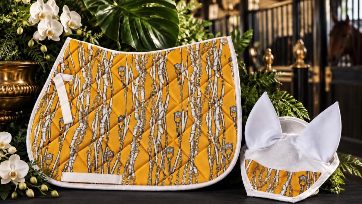 New Mustard Equestrian Print Numnah & Matching Ear Veil